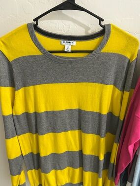 Old Navy Yellow and Gray Striped Crewneck Sweater